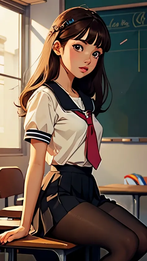 Masterpiece, Best Quality, Ultra Detailed, Illustration, Colorful, FAQ Color, Depth of Field, Lens Glow, 1girl, Anime, Seated, Brunette Look, School, Classroom, Pleated erafuku, Black Pantyhose, Delicate Skin Texture, Delicate Fabric Texture, Nice and Meti...