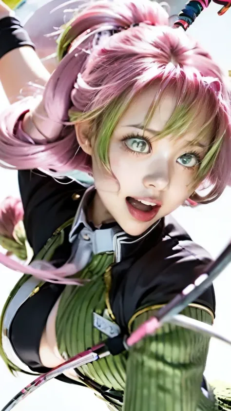 anime girl with pink hair and green pants holding a pink umbrella, demon slayer rui fanart, demon slayer artstyle, haruno sakura, anime cover, anime girl with a bow and arrow, clean detailed anime art, full color manga visual style, cushart, by Eizan Kikuk...