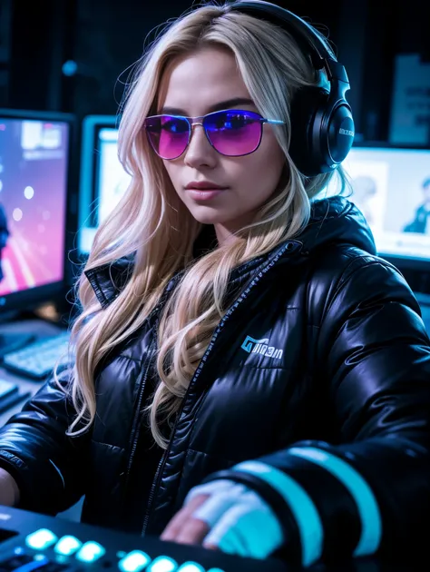 One ultra hot European gorgeous woman, age 23, blonde wavy hair. small sunglasses, full size headphones, dark New Years outside rave party,DJ working at DJ booth, in a snowy village.neon cyberpunk at night, coordinator neon glow, ultra-detailed, photo-real...