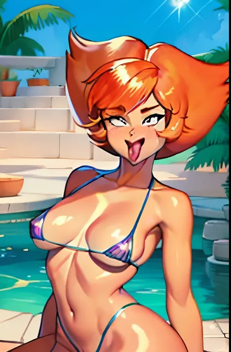 Chica de ojos grandes,, pechos grandes, Hestia ((Solo)) ((solo)), Orange hair, micro bikini, ((hd)),  ((sticking out tongue)), ((shiny skin))