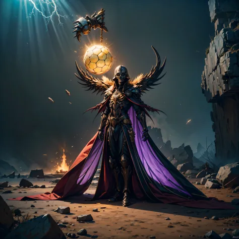 a dark runic skeleton lich, black gold skeleton, magical void energy, glowing eyes, death lightning, death energy ball floating on its hand, casting a spell, energy cracking, bone hand, dressed in a luxury cloak, astral skulls floating around, earth and ro...