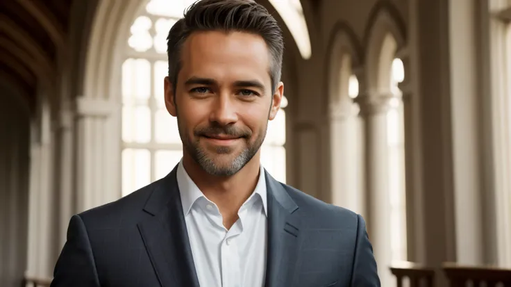 create actor jay harrington as pastor, smiling and happy, focus on face, pastor looking at center of image, background image of ...