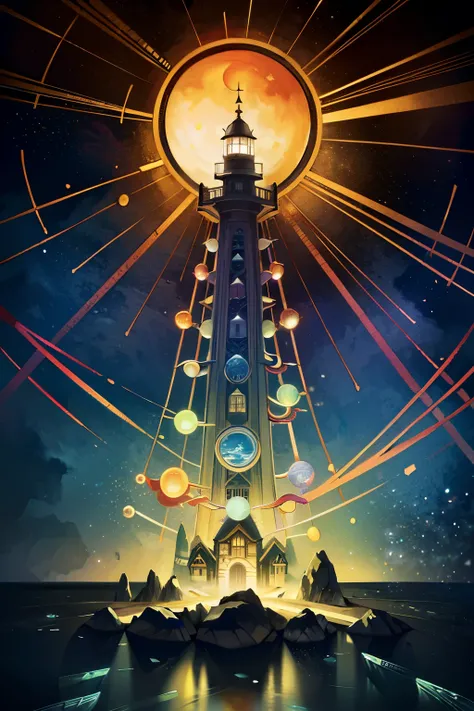 Neon Full-sized portrait of a vibrant and intricately designed lighthouse, adorned with quill art and quilling techniques by the skilled artist, Ilyas Kaluta. This masterpiece, inspired by M.Ws unique style, blends elements of Asaf Hanuka and Kawaii Futuri...