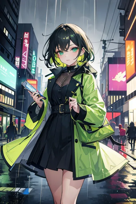 1girl, with vibrant makeup, in a night city covered in heavy rain, wearing an elegant green coat, looking up with a confident expression.