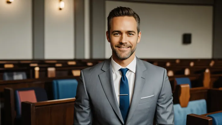 create actor jay harrington as pastor, smiling and happy, focus on face, pastor looking at center of image, background image eva...