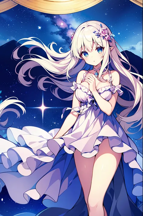 （masterpiece）、(highest quality)、((Super detailed))、(super delicate)、Princess in a naughty nightdress、platinum blonde、beautiful breasts、Thighs、Gorgeous、lake with mountain view、Fantastic starry sky