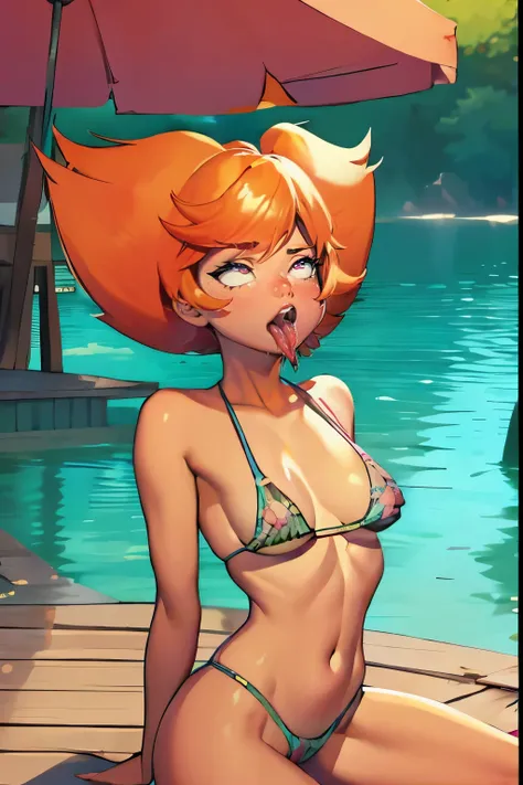 Chica de ojos grandes,, pechos grandes, Hestia ((Solo)) ((solo)), Orange hair, micro bikini, ((hd)),  ((sticking out tongue)), shiny skin