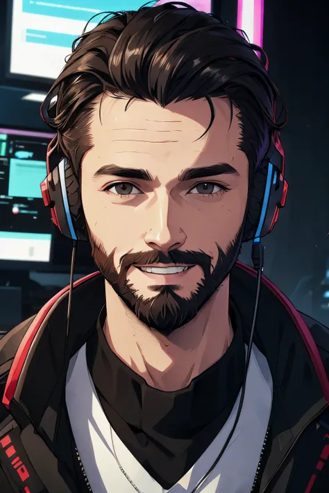 a 3d model for a man webdeveloper porfolio, portrait,4k, cyberpunk color palette, white man,frizzy black hair, beard, brown eyes, headset, gamer, smiling