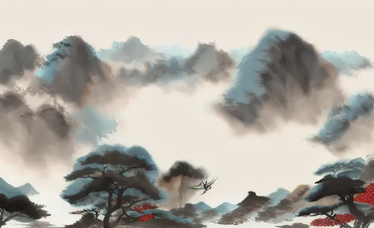 arafed view of a mountain with a flock of birds flying over it, chinese painting style, chinese landscape, traditional chinese ink painting, traditional chinese painting, chinese style painting, inspired by Zhang Shunzi, traditional chinese art, chinese pa...