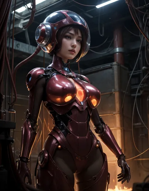 (Background of skimpy mechanical girl and octopus alien)、（Mystical expression）、highest quality、masterpiece、Super high resolution、(Photoreal:1.4)、RAW photo、1 girl、glowing skin、(((1 Mechanical Girl)))、Heavy chest、（red metalボディスーツ）、(Natural alien background t...