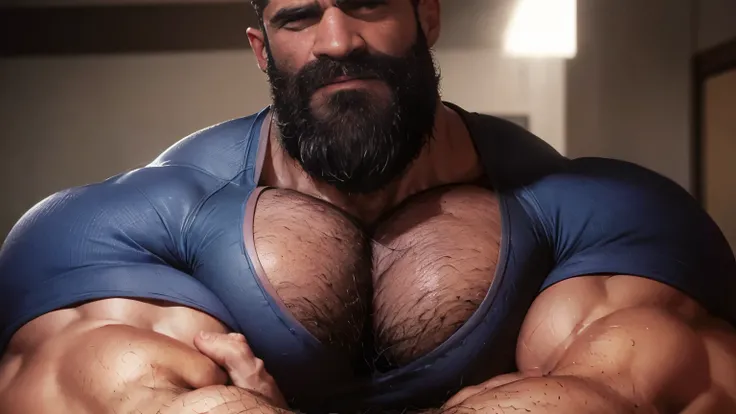 (giant muscle man),colossal, size growth, muscle growth, bigger than the universe, crushing planets with his muscles,intense gaze, muscular build, rugged appearance, bearded, chest hair,hyper-realistic(1.2), ultra-detailed, intense lighting, dramatic shado...