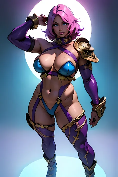 Nicki Minaj cosplaying as (Ivy from Soul Calibur), ((dark skin)), curly hair, looking at viewer, busty figure, (thick thighs) (medium breasts) well-defined legs, (chubby physique), frontal, full-length, looking at the camera, facing the audience, dynamic p...