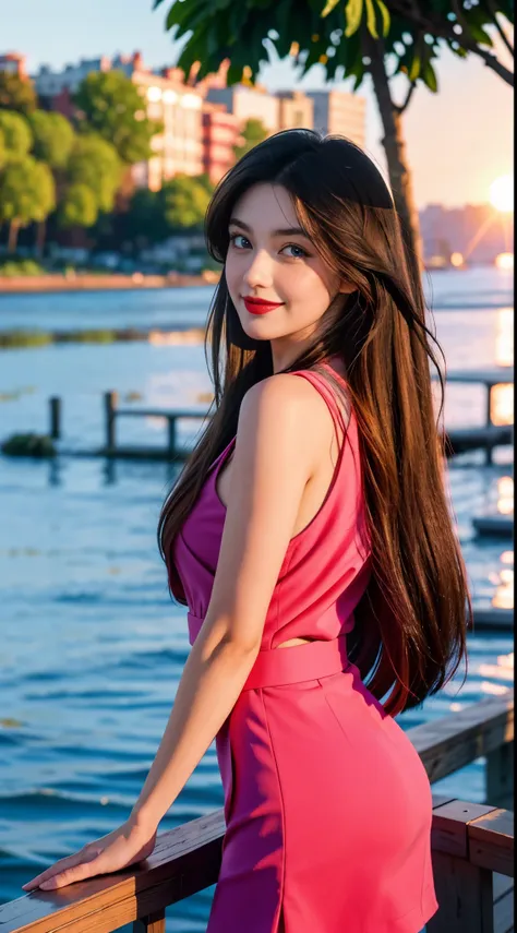 reality，Camera to take pictures，masterpiece，best quality，best quality，realistically，perfect anatomy，perfect face，perfect eyes，long eyelashes，big eyes，red lips，lipstick，business suit，1 girl，solo，（long hair），shift dress，blue eyes，Headband，pink skirt，black，红色...