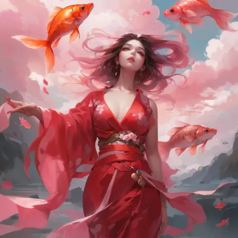  An ink painting: A
beautiful woman in red garment, a rosy goldfish looms in the pink and white clouds.