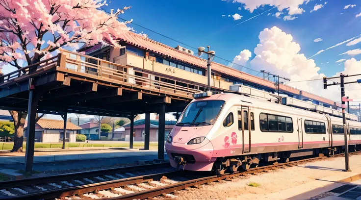 little cat girl white and pink fur train station with bullet train in background sakura tree high details