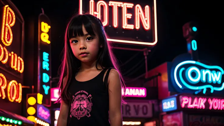 there is a young kids girl portrait standing in front of a neon sign , with neon signs, with neon lights, neon signs in background, neon lights in the background, with neon lighting,