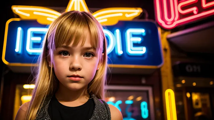 there is a young kids blonde girl portrait standing in front of a neon sign , with neon signs, with neon lights, neon signs in background, neon lights in the background, with neon lighting,