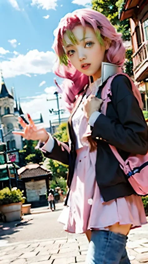 anime girl with pink hair and a pink backpack in front of a castle, cushart krenz key art feminine, anime visual of a cute girl, detailed key anime art, detailed anime character art, official art, anime fantasy illustration, key anime art, decora inspired ...