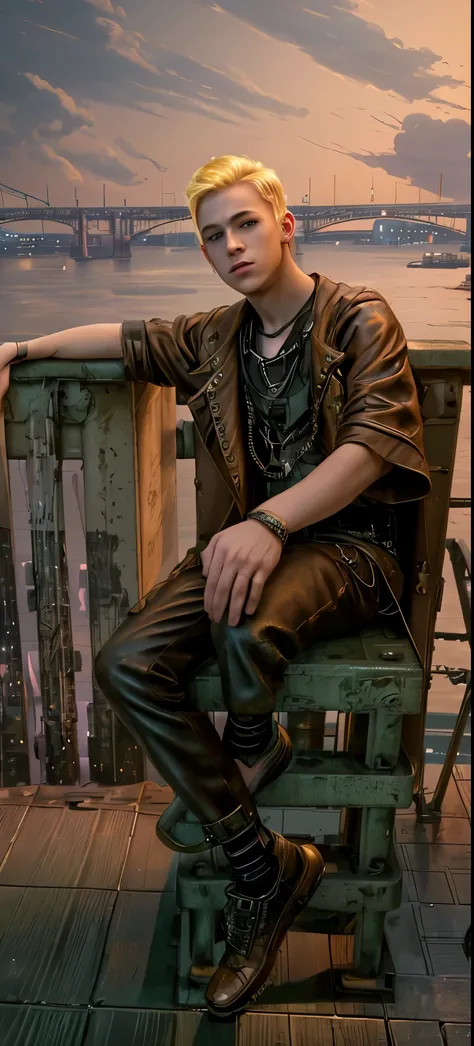 boy, blonde hair, sitting on the embankment. steampunk style, cyberpunk. Against the background of the river, bridge, Ships, neonlight, beautiful colorful lighting