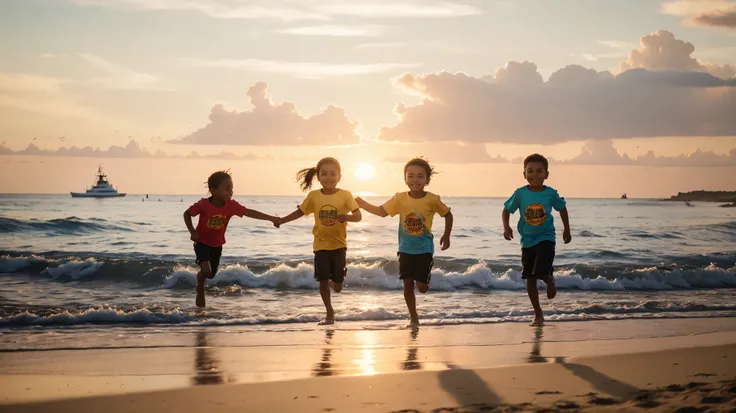 realism photo of children running on the beach with beautiful sunset radiant sun rays, qualidade ultra hd 8k, camisetas coloridas com cores vivas e vibrantes.