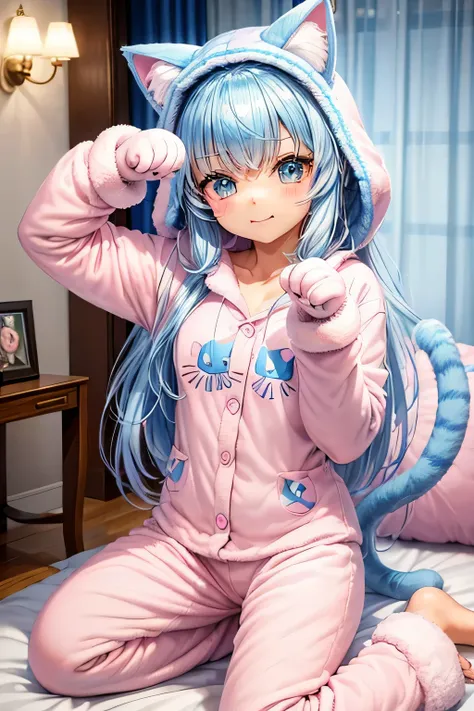 Chibi, Nendoroid, ((worst quality, low quality)), ((Close-up)), (10 year old girl), light blue hair, (Fluffy cat costume pajamas:1.4), (Open pajamas:1.2), (light pink pajamas:1.4), Animal Hoodie, (hood up:1.under the hoodie, Nekomimi, oversized hoodie, (ca...