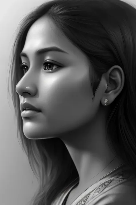 A pencil sketch of a beautiful Nepali woman, intricately detailed face, realistically shaded, moody undertones, hyper-realistic rendering, expressive lines, sensitive portrayal, clean and unique compositions, high definition clarity, 8K resolution.