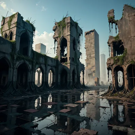 ruins of a city covered in black goo