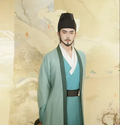 with a beard、wearing blue and green hanbok、portrait of liu yuxi wearing black hat, wearing chinese clothes, inspired by wu daozi...