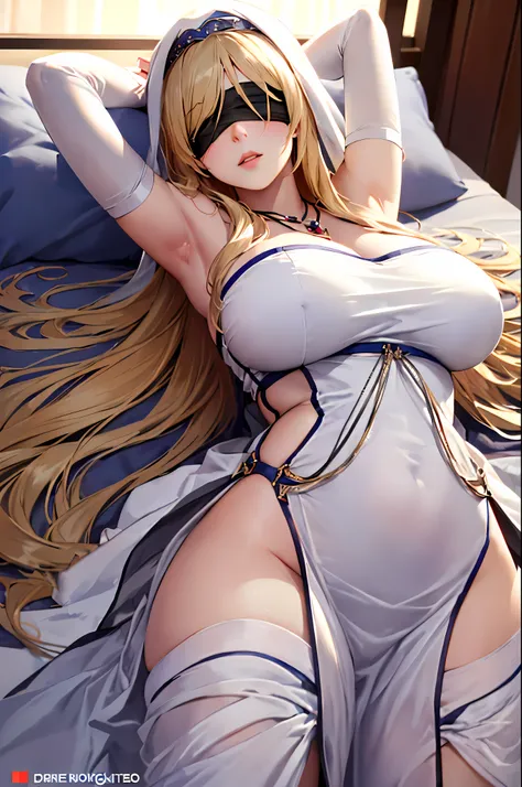 sword_miss,sword miss, 긴 head, blonde hair, blindfold, (black blindfold:1.2), dress, necklace, white dress, habit, 긴 head, big b...