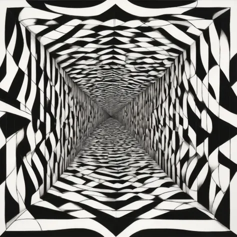 (Optical illusion art:1.3),Paradox diagram,line module,black and white,simple,Symmetric Zentangle,