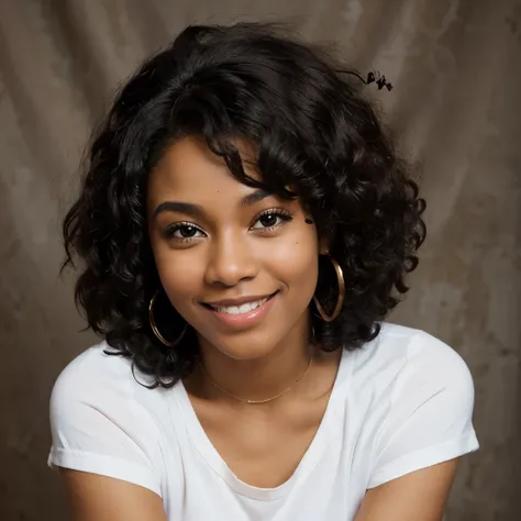 A beautiful black girl with afro hair has a beautiful smile with dimples 