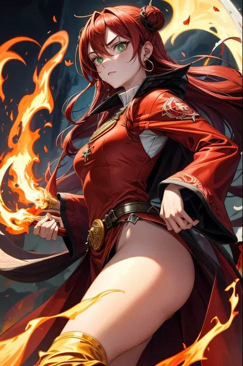 (masterpiece, best quality), 1 girl, dressed in a red outfit, holds a mysterious Devil Seal in her hand, background filled with ominous flames and smoking skulls, created by the skilled artist Li Wei, inspired by the imagination of Akira Toriyama, detailed...