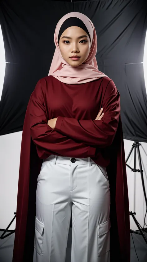 1 malay women in dark red hijab wearing big oversized long sleeve white Tshirt and a dark red cargo pants in a photography studio, cute pose, 8mm lens, close-up, pastel color grading, depth of field cinematography effect, film noir genre, 8k resolution, hi...