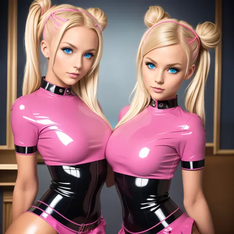 sexy twin girls,blondes Haar,Space Buns,rosa Latexbluse, Latex blouse buttoned up, Latex Bluse detailliert, light-blue Latex, pink latex, Red Shiny Lacquer PVC Shoes,Perfektes Gesicht,Detaillierte Augen,Detaillierte Lippen,Detailed hands,lange Wimpern,voll...