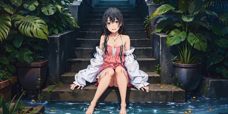 KirukiruAmou, (black hair, long hair, grey eyes), hair ornament, breasts, jewelry, 1girl, black_hair, long_hair, solo, anklet, sitting, cleavage, detached_sleeves, barefoot, bare_shoulders, bracelet, water, large_breasts, looking_at_viewer, smile, dress, h...