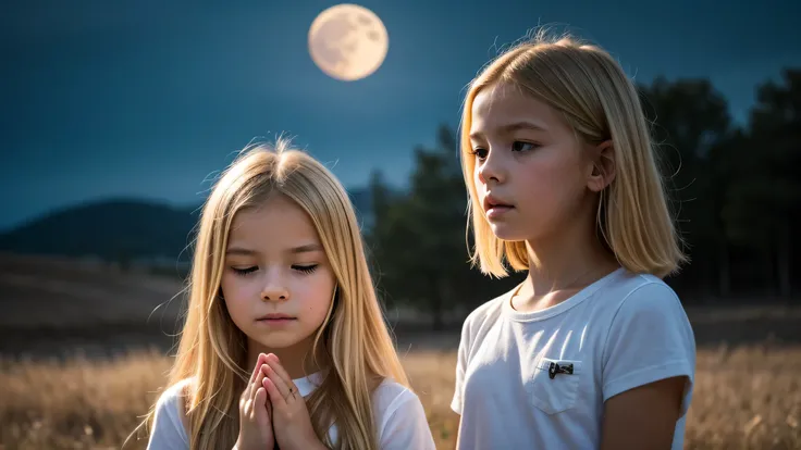 there is a young kids blonde girl praying portrait standing in front of a moon.