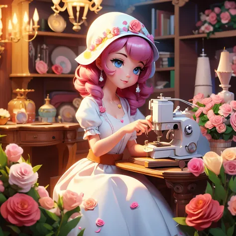 Detailed digital art of princess sewing with sewing machine, de perfil, cabelo ondulado e , em volta de flores rosas e brancas, dynamic composition