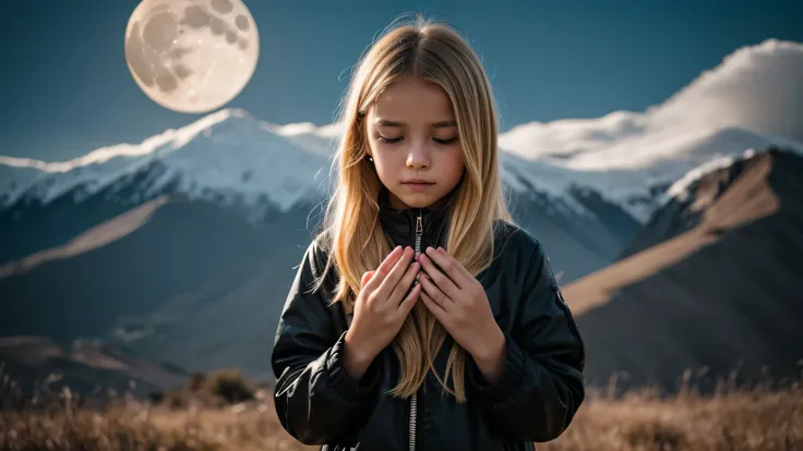 there is a young kids blonde girl praying portrait standing in front of a moon.