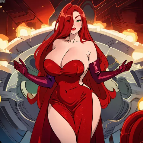 1girl, Jessica, Massive , elbow gloves, green eyes), Massive and Deep cleavage, red lips, (strapless dress) (red hair) (red dress), ((She has a mature figure, her cleavage is Massive and Deep))