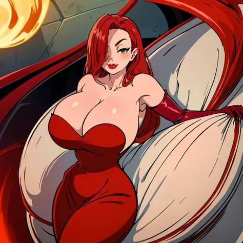 1girl, Jessica, Massive , elbow gloves, green eyes), Massive and Deep cleavage, red lips, (strapless dress) (red hair) (red dress), ((She has a mature figure, her cleavage is Massive and Deep))