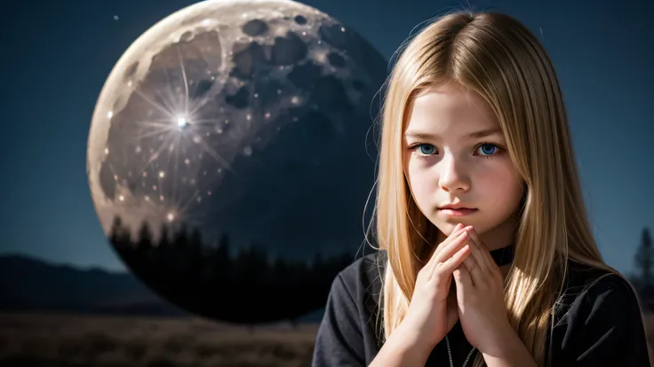 there is a young kids blonde girl praying cross on  hands  portrait standing in front of a moon.