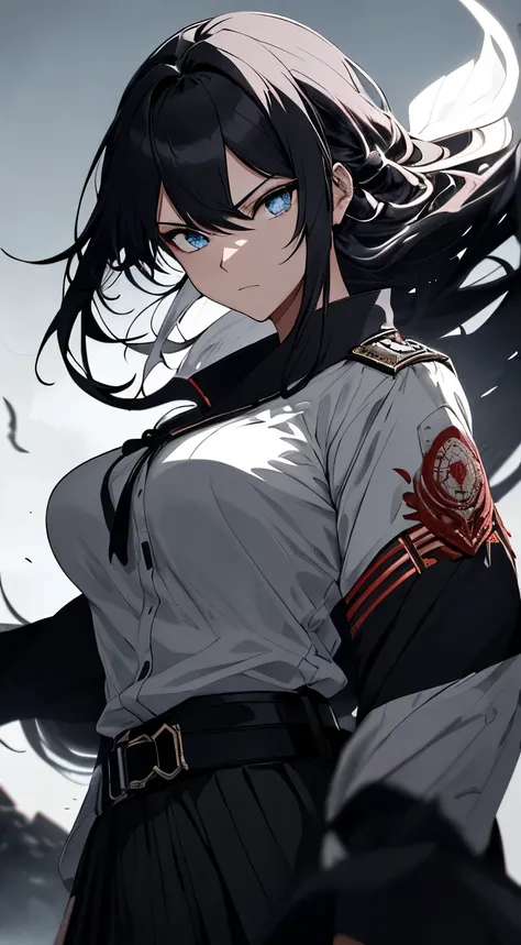 Japanese Katana Sword、Samurai sword、Full body、White one-piece military uniform、 Jet black head of hair,(masutepiece:1.2, Best Quality), (finely detailed beautiful eye: 1.2), (Detailed background,Dark Fantasy), (beautifull detailed face), High contrast, (Be...