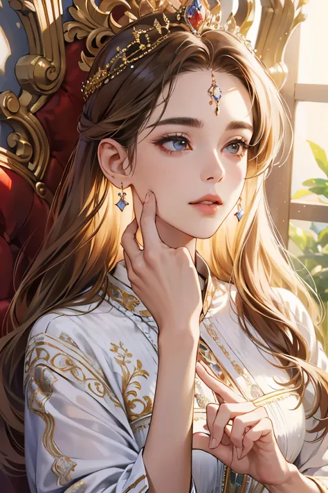 (best quality,4k,8k,highres,masterpiece:1.2), ultra-detailed, (realistic,photorealistic,photo-realistic:1.37), mature female, light brown hair, beautiful detailed lips, throne, heartbeat, heart mark, elegant dress, confident posture, soft lighting, regal a...