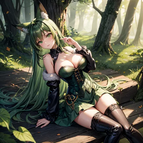 Fox ears, dark green hair, green eyes, corset, skirt, thigh high heeled boots, large breasts, slender body, forest river