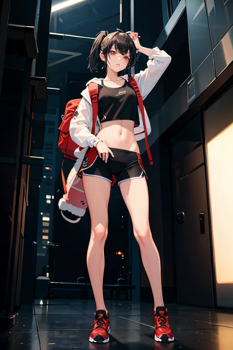 (masterpiece:1.2, best quality),dynamic lighting, full body, 
 1girl, solo, foxy eye makeup, body detail, face detail , (flat chest), low ponytail, tied hair, short hair, glowing skin,Wear Hoodies , sport shorts, smart backpack,
shy, sweat ,night Shibuya i...