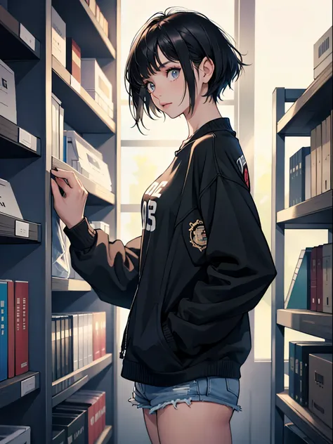 18 years old young girl : 1.3, short black hair: 1.2, casual wear: 1.2, daytime: 1.2, in library: 1.2, light, Surrealism, ultra high definition, precise, Super details, textured skin, high detail, best quality, 8k