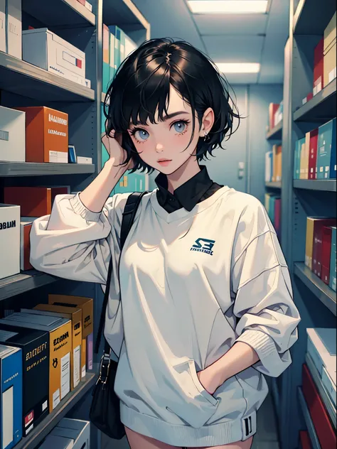 18 years old young girl : 1.3, short black hair: 1.2, casual wear: 1.2, daytime: 1.2, in library: 1.2, light, Surrealism, ultra high definition, precise, Super details, textured skin, high detail, best quality, 8k