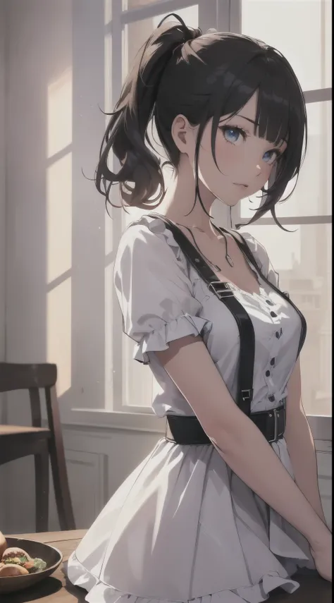 top quality、Top image quality、​Masterpiece、girl with((cute little、18 years old、best bust、medium bust、Bust 85,beautiful blue eyes、Breasts wide open,Black hair ponytail、A slender one、Blue hairnet、white dress、white skirt、tee)）high quality、beautiful art、backgr...