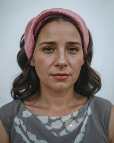 arafed woman with a pink hat and a gray dress, realistic restored face, real life portrait, late - 4 0 s aged, photo of a woman, 30-year-old woman from cuba, realistic portrait, maia sandu hyperrealistic, rendering of close up portrait, semi - realistic, s...