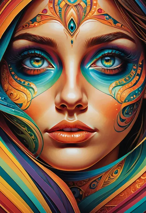 a girl, Eye-catching optical illusion art, bright colors, Realistic painting style, Detailed eyes and face, charming pattern, puzzling shapes and lines, High resolution masterpiece:1.2, dynamic lighting, surreal atmosphere